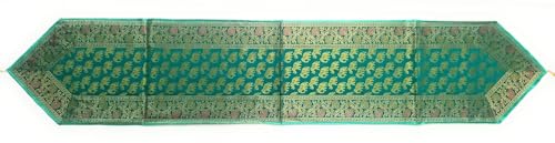 Image of Diwali Room Decor Silk Table Runner Placemats Tea Coaster Set for Living Room 4 to 6 Seater Dinning Table Table Mat Set Centre Table Top Decor Pack of 13 Pcs (Green)
