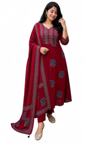 Image of Women's Cotton Kurta Sets for Women with Palazzo Pants with Dupatta for Woman | Pure Cotton 3 Piece Kurti Set | Women Suit Set for Daily