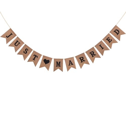 Tourima Just Married Girlande 18×13cm – Hochzeitsbanner aus Jute für Trauung & Feier, Mr & Mrs Deko, Rustikale Wimpelkette, Dekoration Hochzeitstag, Polterabend, Auto oder Empfang