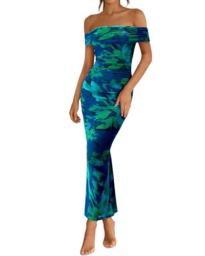 BTFBM Cocktail Dresses for Women 2025 Summer Off Shoulder Bodycon Ruched Mesh Back Slit Floral Maxi Dress Fall Fashion(Floral Green, Medium)