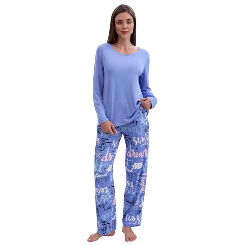 Women’s Soft Pajama Set Long Sleeve Tops and Full Length Pajama Set Sleepwear with Dream Print Two Piece Pjs