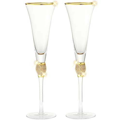 Berkware Set Of 6 Champagne Glasses - Luxurious Champagne Trumpet Flutes With Gold Dazzling Rhinestone Design And Gold Rim #TOP6
