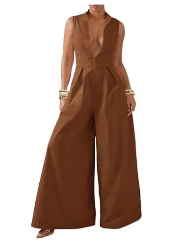 SOLY HUX Women's Zipper Front Wide Leg Jumpsuit Summer Mock