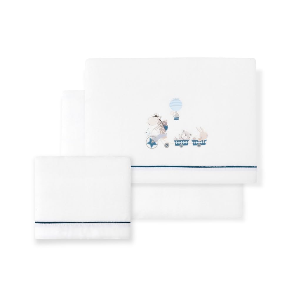 Bedding Set for Mini Crib Corallina Giraffe Bike in White and Petrol · Winter Sheets for Babies