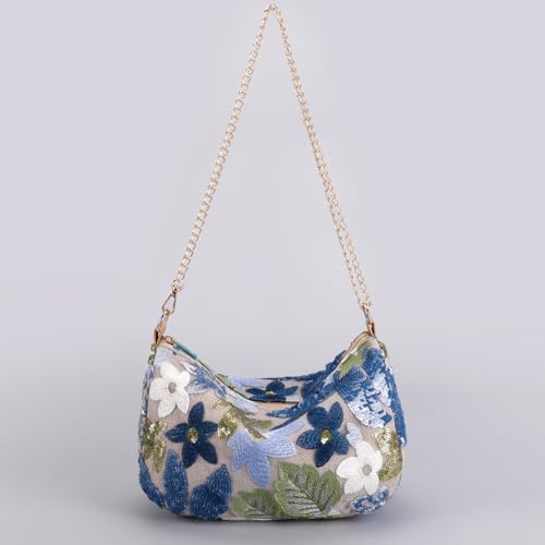 Y2K Floral Embroidery Mini Shoulder Bags For Women Sequin Beaded Knit Summer Evening Bag Trendy Party Purses4
