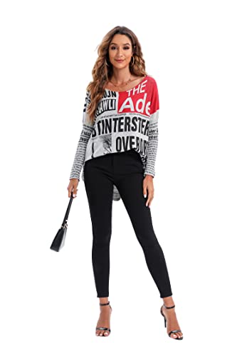 Ellazhu Womens Long Sleeve Casual Sweatershirt Pullover Newspaper Painting Crewneck T Shirts Gy269 Grey #TOP5