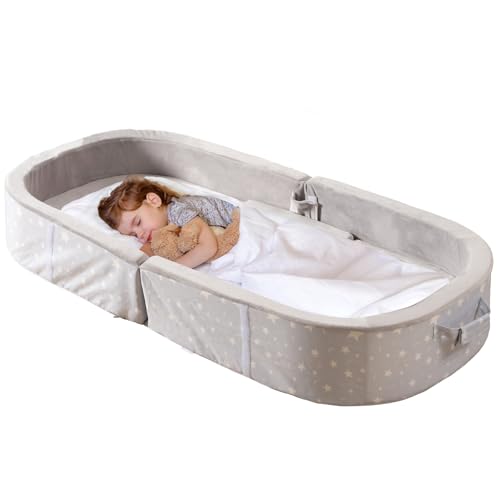 BYBYME Portable Toddler Floor Bed – Waterproof Folding Travel Crib with Washable Fitted Sheet, Ideal Toddler Cots for Sleeping and Sleepovers, Grey