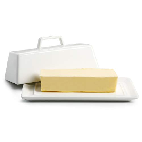 Porcelain Butter Dish with Lid, Covered Butter Keeper - Handle Design - Dishwasher