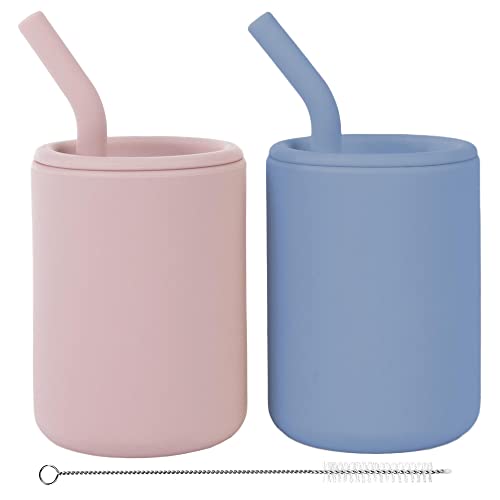 Image of WeeSprout Silicone Baby Cups With Straws and Lids, 4 & 8 oz Options, Set of 2, Food Grade Toddler Training Container, Built In Straw Stoppers, Measurement Markings, Dishwasher Safe + Straw Cleaner