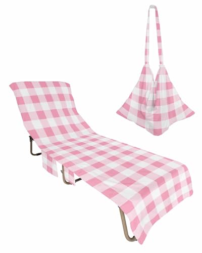 Pink White Plaid Beach Chair Towel Covers for Chaise Lounge with Side Pocket, Soft Plush Pool Towels Cover for Patio Sunbathing Outdoor 29''x85'' Contemporary Simple Buffalo Plaid Check
