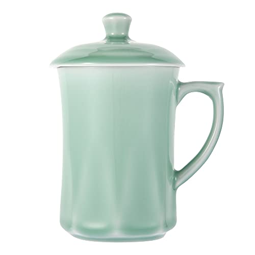 GREEN VALLEY Celadon Teacup, Coffee Mug, Milk Cup, Luxury Diamond Shaped Celadon Cup with Lid, Longquan Celadon, World Intangible Cultural Heritage, 13oz, Plum Green