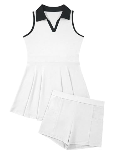 blibean Teen Girls Summer Athletic Dress Tween Tennis Sundress Big Kids Golf Outfits with Shorts Teen Sports Clothes Casual Colorblock Romper Vestidos para Nias Size 8-9 Years White