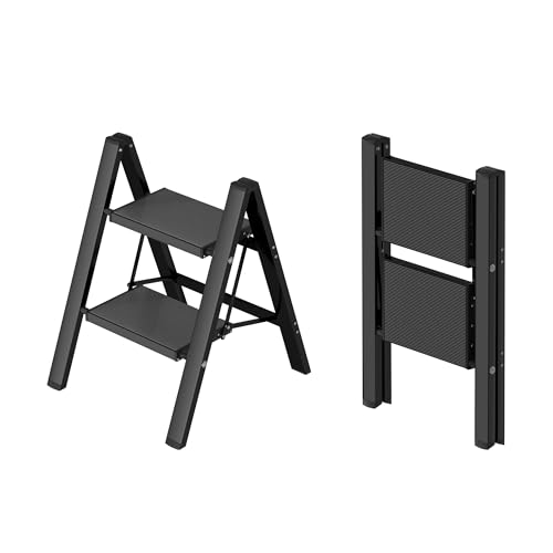 Taranta Escalera de 2 escalones, taburete plegable ligero de aluminio de 2 escalones con pedal ancho antideslizante, escalera de 330 libras de capacidad para el hogar, cocina, oficina, color negro