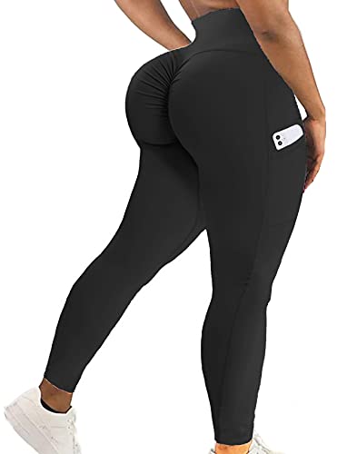 SEASUM High Waisted Yoga Pants with Pockets for Women Scrunch Booty Workout Leggings Butt Lift M