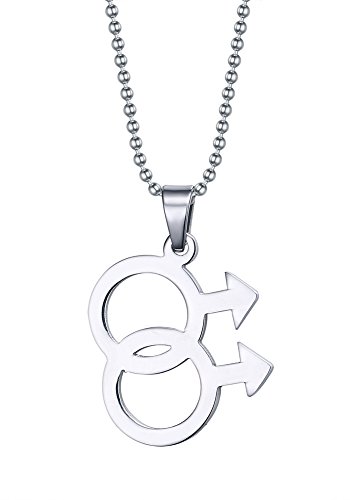 Joielavie Collar con colgante de doble símbolo masculino, entrelazado, gay, lesbiana, LGBT, cadena de bolas de acero inoxidable, regalo para hombres, Acero inoxidable, Sin piedra