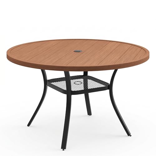 Image of VICLLAX Metal Outdoor Dining Table for 4, All Weather 40.7 inch Black Round Patio Table with Adjustable Umbrella Hole for Lawn, Garden, Balcony and Poolsides, Walnut Wood Grain Tabletop