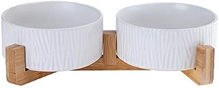 HCHLQLZ White Ceramic Cat Dog Bowl Dish with Wood Stand No Spill Pet Food Water Feeder Cats Large Dogs Set of 2