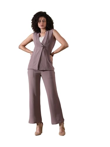 Image of Selvia Womens Lycra Solid Co-Ords Set|Sleeveless V-Neck Top & Trouser 2 Piece Co-Ord Set