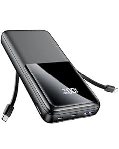 Power Bank 26800mAh, Tragbares Ladegerät mit 3 Anschlüssen & 2 integrierten Kabeln, USB C Schnellladung Powerbank Externer Akku Kompatibel mit iPhone 17 16 15 14 13 Android, Schwarz