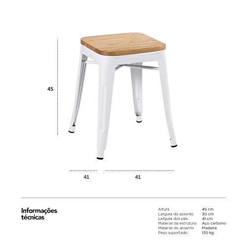 Banqueta baixa Iron Tolix com assento de madeira rústica clara - Branco