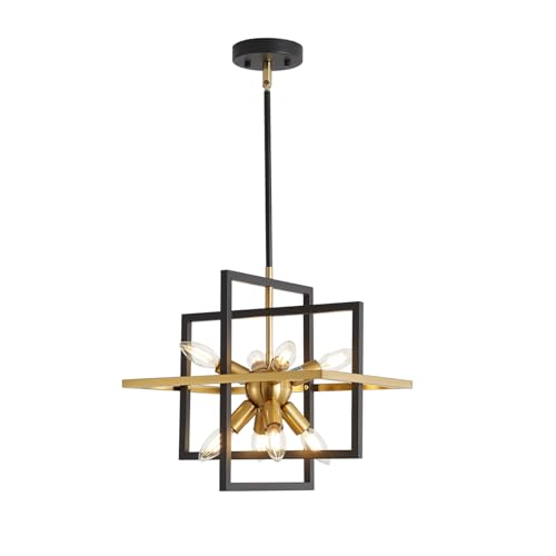 HONGREN Modern Black and Gold Chandelier, 8 Light Lantern Pendant Light Geometric Sputnik Square...