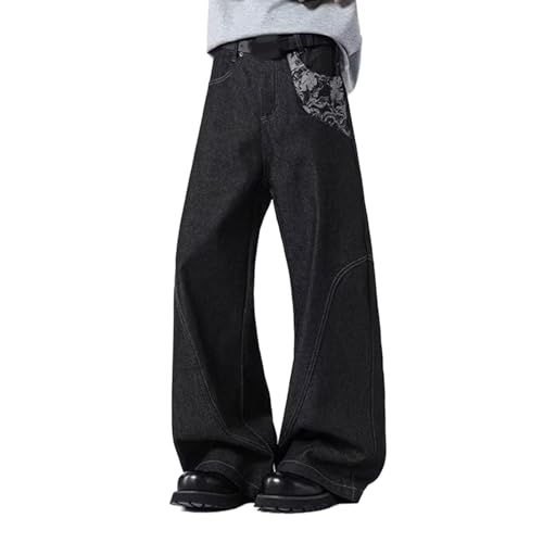Barrel Jeans Men Patchwork Flower Skater Denim Pants Streetwear High Waist Barrel Leg Bottoms Loose Fit Relaxed Floral