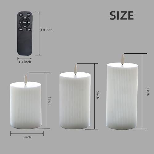 Image of 3 Pack Wax LED Flameless Candles with Remote Real Wax Battery Operated Electric Pillar Candle Set with Vertical Stripes 3D Black Wick for Home Party Wedding Decorations, White, D 3 x H 4 /5 /6 inch