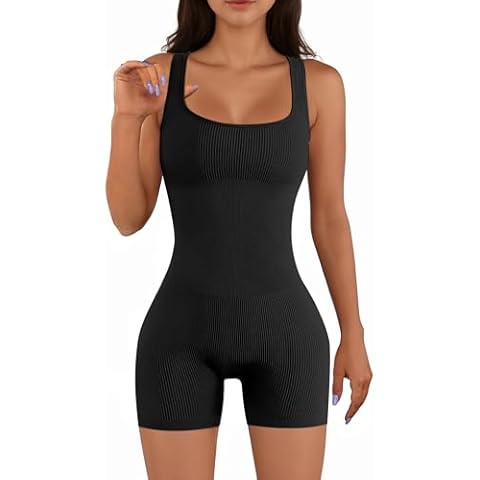 AURUZA Rompers for Women Workout Seamless Romper Yoga Ribbed One Piece Tank Tops jumpsuits Sleeveless Exercise Tummy Control Rompers Square Neck Leggings Romper，Black，M Cover