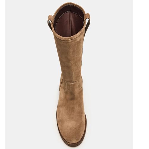 Mid Calf Boots Women Brown Suede Cowboy Boots Round Toe Low Chunky Heel Boot Wide Calf Causal Fashion Ladies Booties3