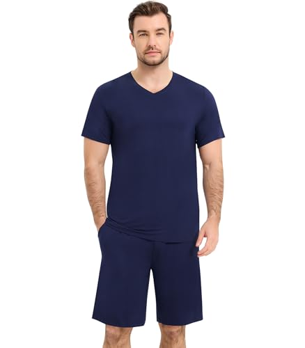 Image of NACHILA Men's Pajamas-Viscose Made from Bamboo, Short Sleeve Top with Shorts Pjs Set V Neck Sleepwear Cool Loungewear