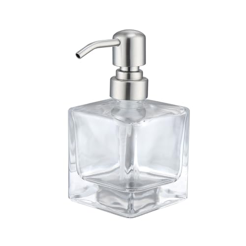 Image of Square Bathroom Soap Dispenser, Brushed Nickel, Glass Bottle, Stainless Steel Pump, Kitchen Hand Soap Dispenser