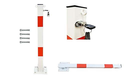 Marwotec Absperrpfosten aus Metall Klappbare Parkplatzsperre mit 2 Kettenösen Reflektionsstreifen & 3 Schlüsseln Gesamthöhe 70 cm
