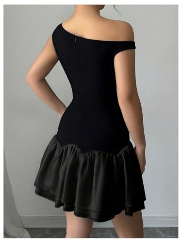 Image of Verdusa Women's Color Block Ruffle Off Shoulder Dress Drop Waist Layered Mesh Mini Dress