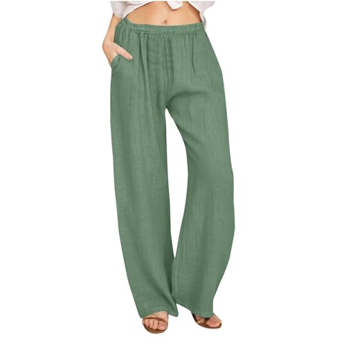 Women's Linen Palazzo Pants Plus Size Elastic High Waist Casual Beach Pant Flowy Summer Trendy Lightweight Trousers