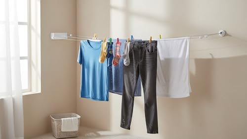 Image of FAB & Dry Retractable Wall-Mounted Clothes Line for Indoor Laundry, Heavy Duty Drying Rope with Lock System, Space Saving Retractable Clothesline, White
