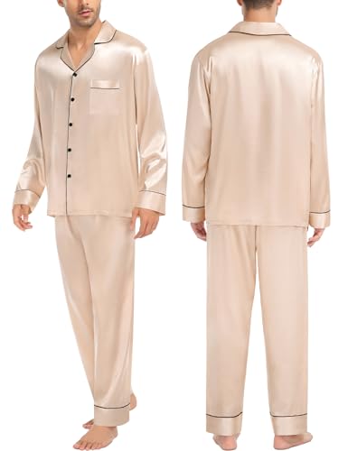 SWOMOG Couples Matching Pajamas Sets Women & Men Silk Satin Long Sleeve Button Down Sleepwear 2 Pcs Classic Loungewear Women Champagne Medium3