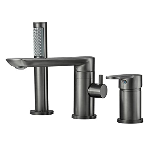 Grifo de bañera romano, grifo de bañera, válvula de cerámica contemporánea, grifo mezclador de ducha de baño de una manija con tres orificios y manija extraíble e interruptor de agua caliente y fría