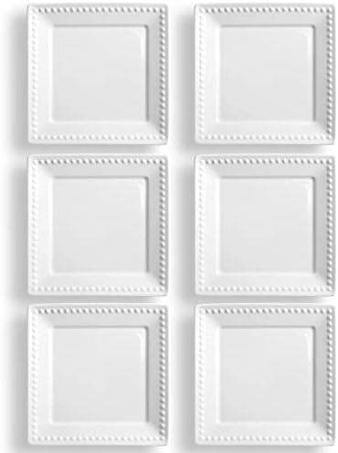 Wareland Bright White Embossed Dots Square Dessert Plates Set of 6, Ultra-fine Porcelain 6 inch Appetizer Plates, Farmhouse Salad Plates Set for Sides, Dessert, Snack, Small Heavy Duty Dinner Plates