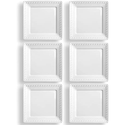 Wareland Bright White Embossed Dots Square Dessert Plates Set of 6, Ultra-fine Porcelain 6 inch Appetizer Plates, Farmhouse Salad Plates Set for Sides, Dessert, Snack, Small Heavy Duty Dinner Plates Cover