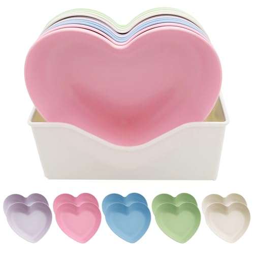 10pcs Multi-color Heart Shaped Plates with Tray, 5 x 5.5 Inch, Unbreakable Salad Dessert Snack Plates Appetizer Sauce Dish Dipping Snack Fruit Dessert Steak Serving for Dinner, Party, Valentine's Day