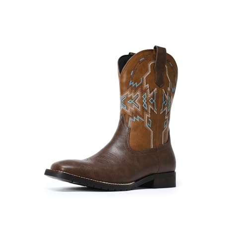 AUSTIN MILL Mens Western Cowboy Boots Retro Classic Square Toe Embroidery Ranch Slip Resistant Outdoor Shoes Coffee