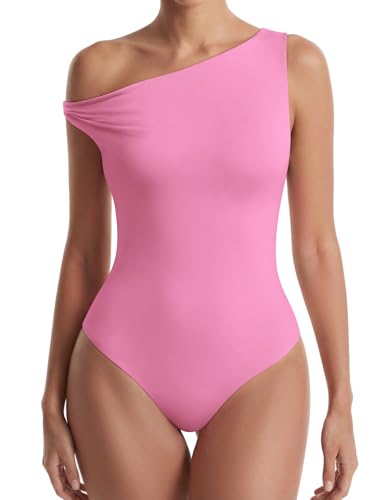 Avidlove Leotards for Women Sexy Off The Shoulder Body Suit Double Lined Asymmetric Thong Bodysuit Trendy Tops Pink XL