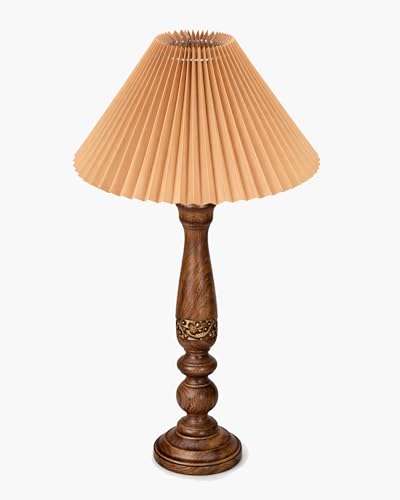 Image of Homesake Floral Carved Wood Table Lamp with Shade | Handcrafted Bedside Lamp, E27 Holder| Bulb Included |Warm Light Night Lamp, Bedroom, Living Room, Study & Home Decor, (Pleated Jute Shade)
