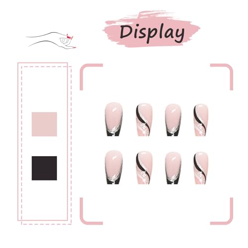 Ceboic 24Pcs French Press On Nails - Medium Coffin False Nails in Pink & Black, Ballerina Style, Removable Glue-On, Full Cover Acrylic Nails for Women & Girls - Nail Art Accessories - Image 3