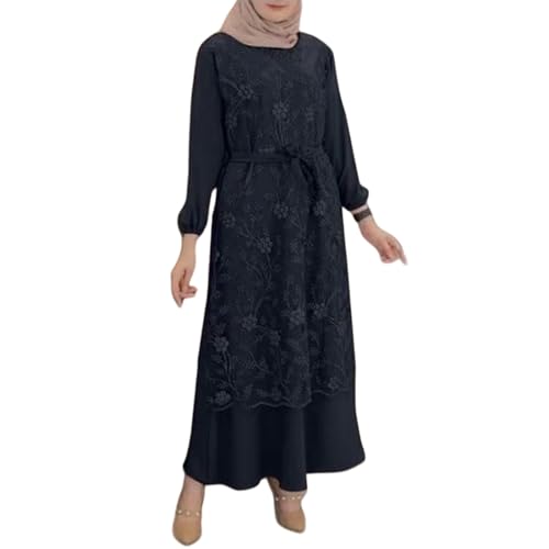 Robe longue musulmane fine dentelle et taille ceinturée fluide