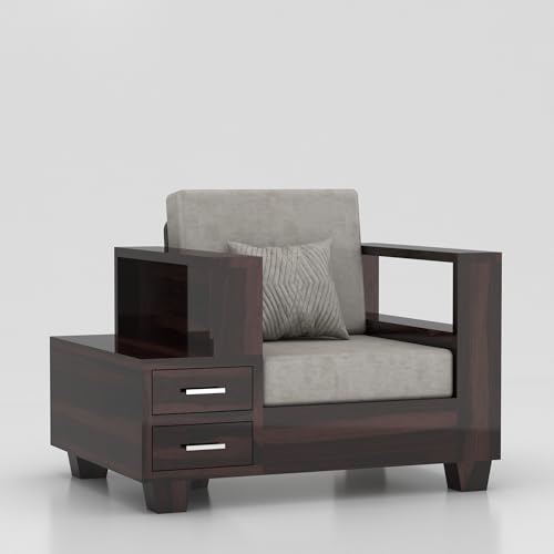 Image of Sheesham Wooden 1 Seater Sofa Set for Living Room | Solid Wood Sofa with Side Box Storage & Cushion | Rosewood Sofa Set for Home & Office | Lounge (Walnut, 1 Seater)