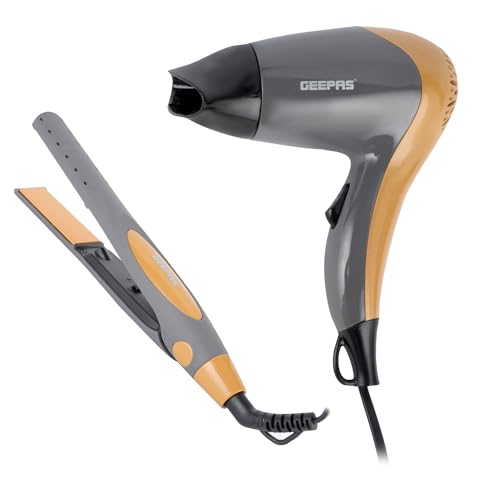 Geepas 2-in-1 Travel Hair Dryer & Hair Straightener Combo Set | 1200W Hair Dryer with 2 Speed & 2 Heat Setting Concentrator | 35W Hair Straightener with Ceramic Plates, PTC Heater | Portable