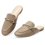 MUSSHOE Women Mules Comfortable Pointed Toe Mules for Women Flats with Buckle,Beige pu 9