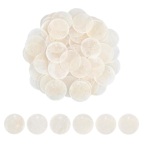 HOBBIESAY 60Pcs Round Shell Charms Flat Round Natural Shell Charm with Hole 25mm Capiz Shells Discs Charms Natural White Coin Mother of Pearl Seashell Charm for Earring Necklace Jewelry Making