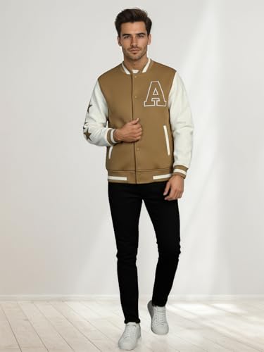Image of CHKOKKO Men's Regular Varsity Jacket with Snap Button Closure and Patch Design Trendy Comfortable Outerwear for College Travel and Casual Wear